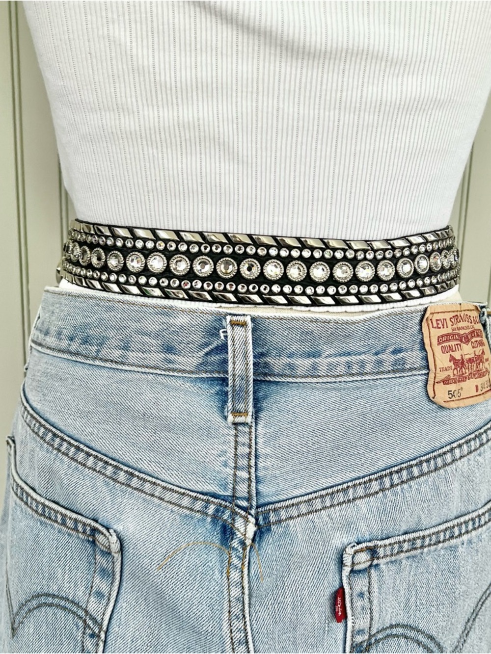 Kippy’s Rhinestone Studded Western Belt Big Buckle Black Leather Silver Accents - Picture 5 of 7
